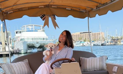 Woman holding a puppy on a boat with a marina and large yacht in background, under a canopy with striped pillows.