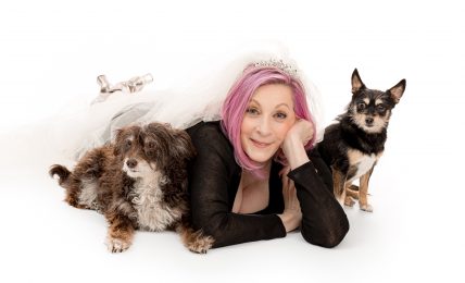 Woman with pink hair lying on her stomach with two dogs, one fluffy and one small, on a white background.