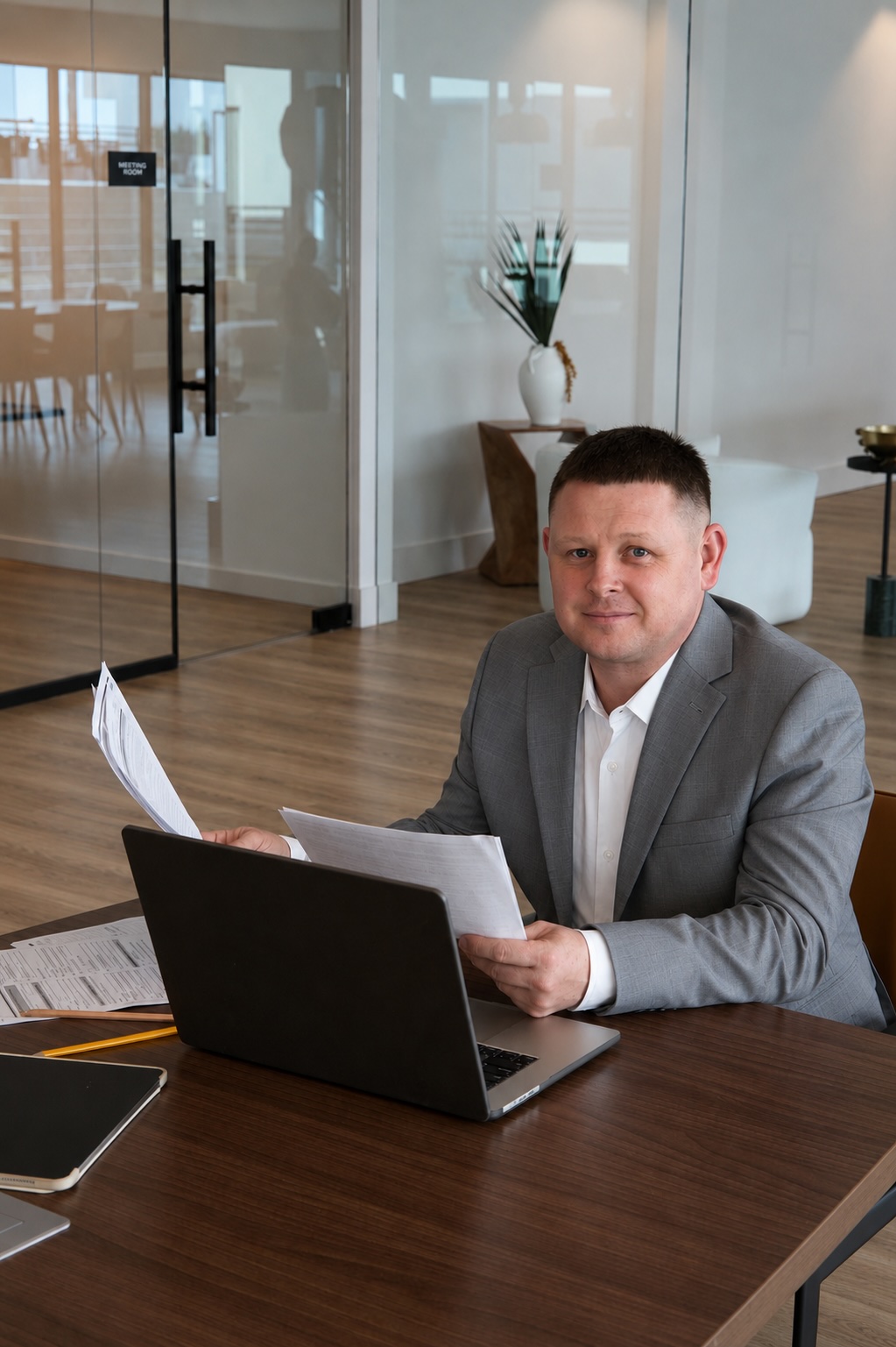 Man in gray suit sitting at desk with laptop and papers in modern office, glass walls, wooden floor, and plants.