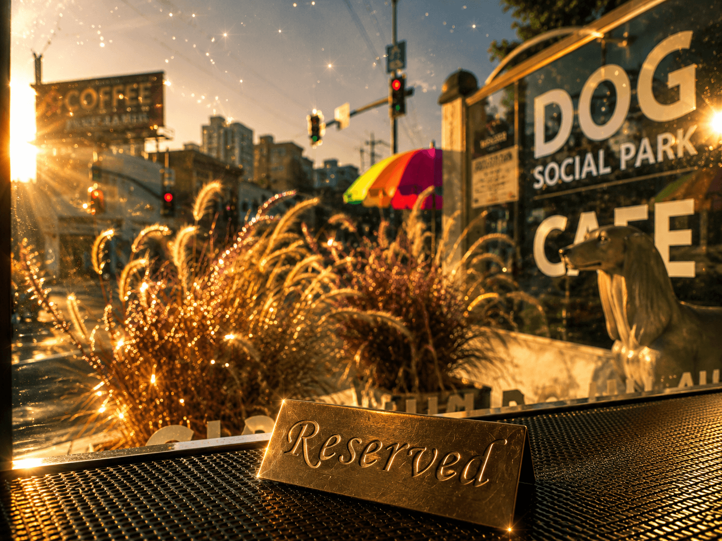 City street scene with fountain, sign reading 'Reserved,' and signs for dog social park and cafe, with buildings and traffic lights in background.