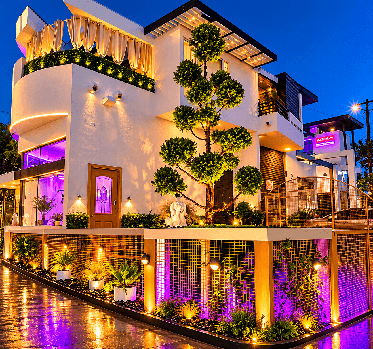 Modern building with white walls, illuminated plants, and a large tree in front, lit with purple and yellow lights at night.