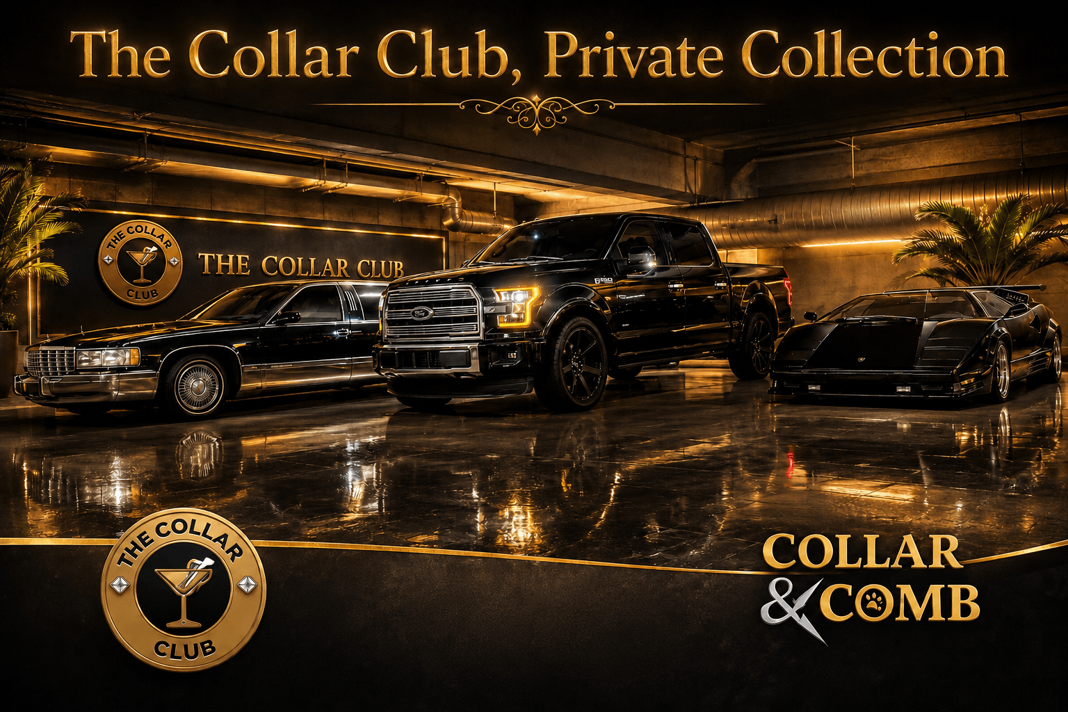 Luxury cars parked in a dimly lit underground garage with reflections on the floor, branding for The Collar Club, Private Collection, and Collar & Comb.