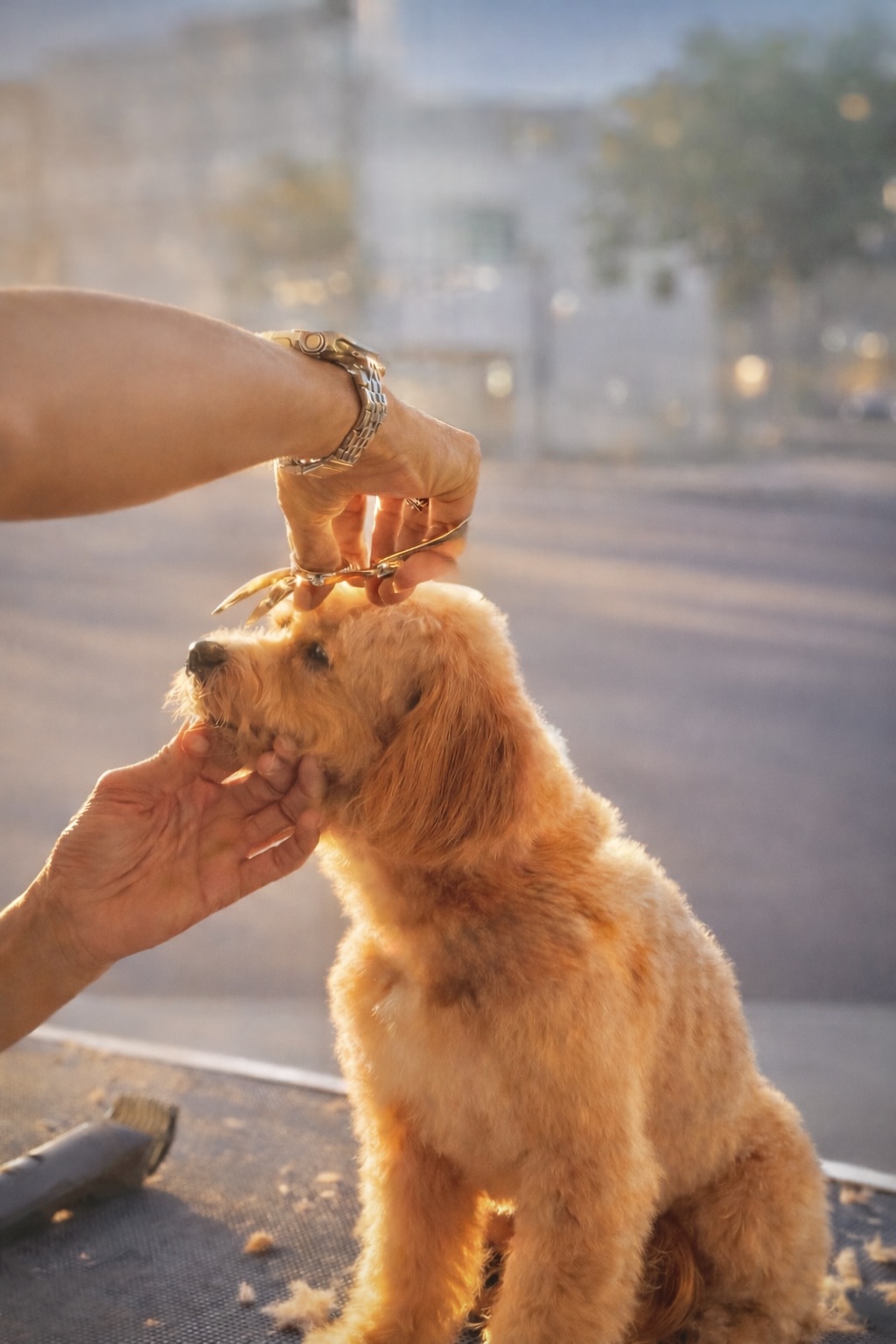 Person feeding a small, fluffy dog through a window with a city street in the background.