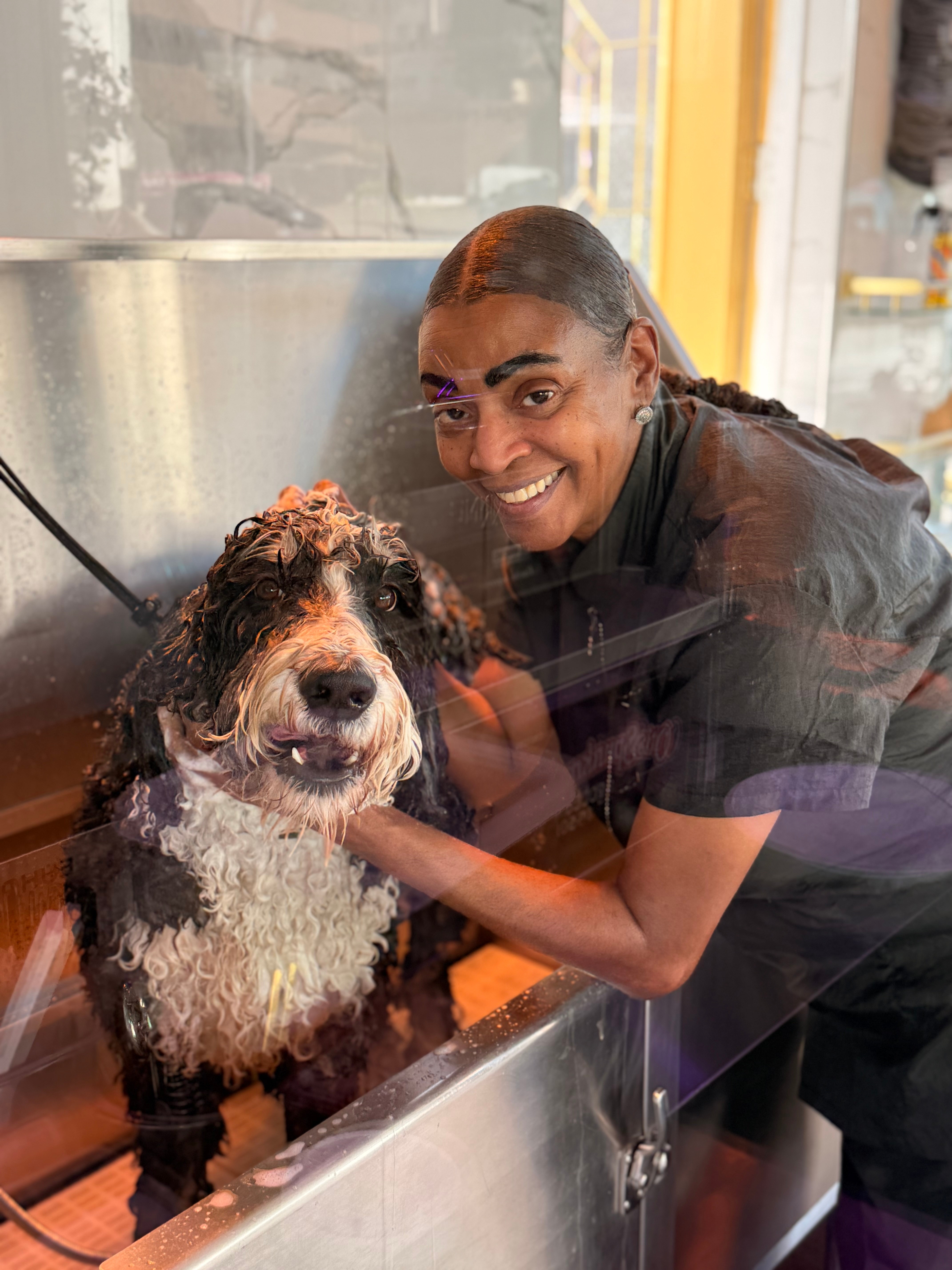 Person smiling and bathing a wet dog in a sink, with a window in the background.