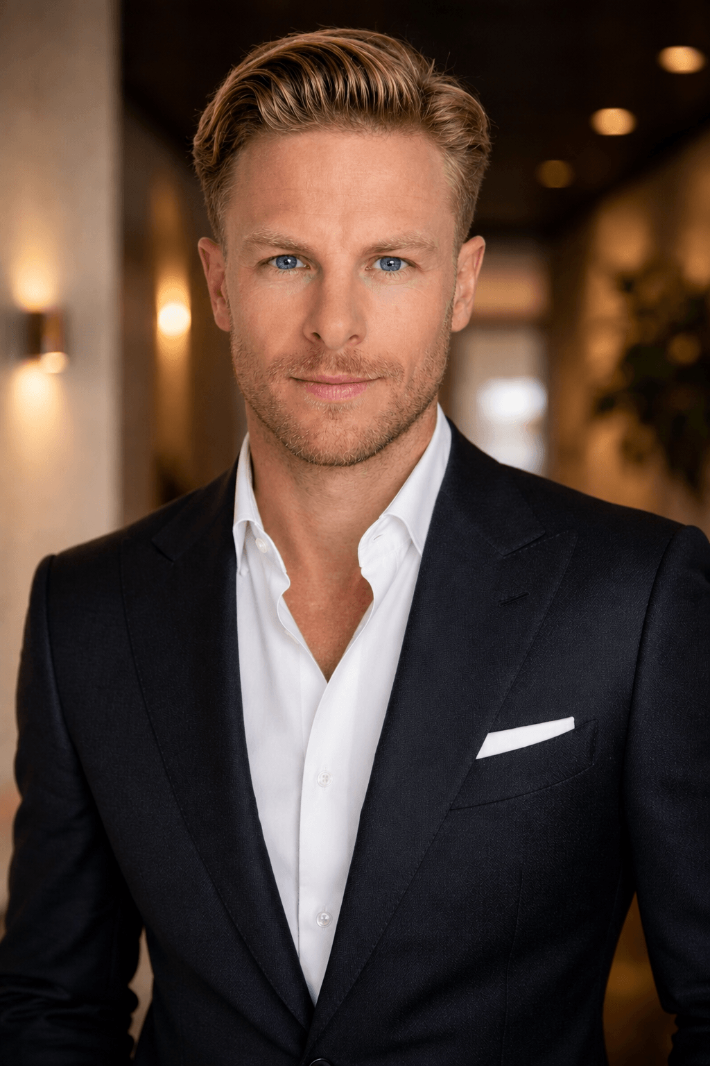 Man with blonde hair and blue eyes in a black suit and white shirt, standing indoors.