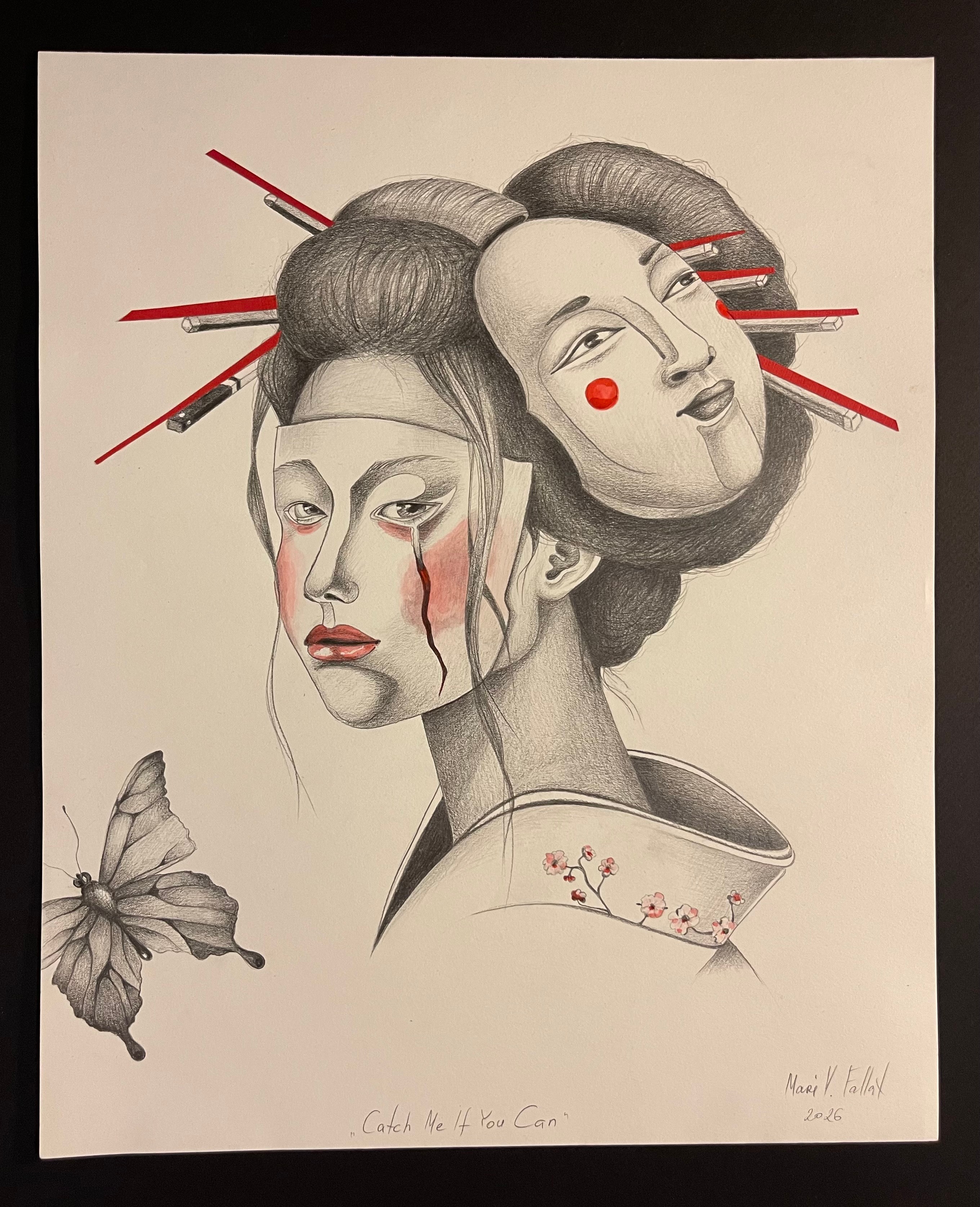 Two women with traditional hairstyles and makeup, one with tears and a butterfly, in black, white, and red ink, with a bowl.