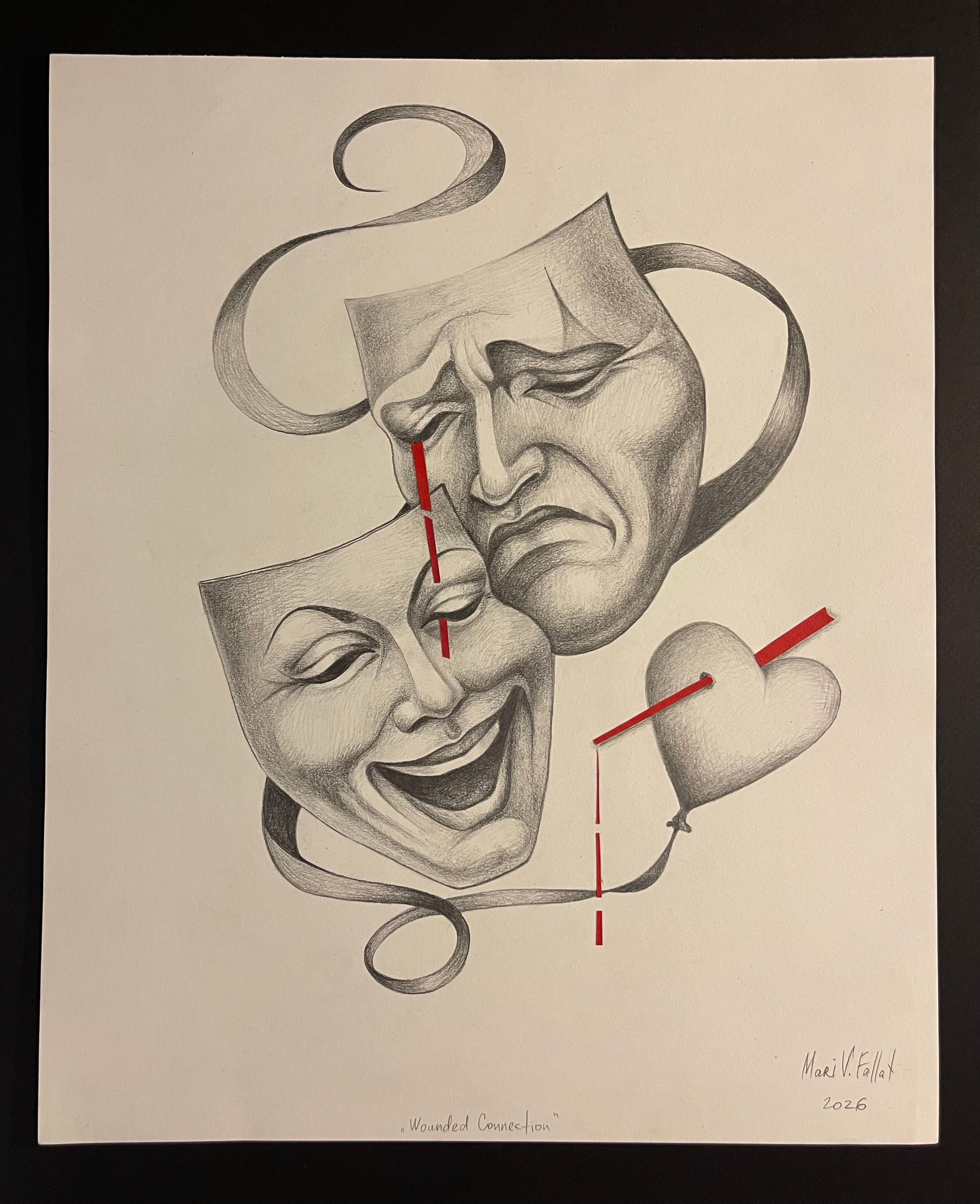 Drawing of two theatrical masks, one smiling and one frowning, with a heart and geometric lines, in black and white.