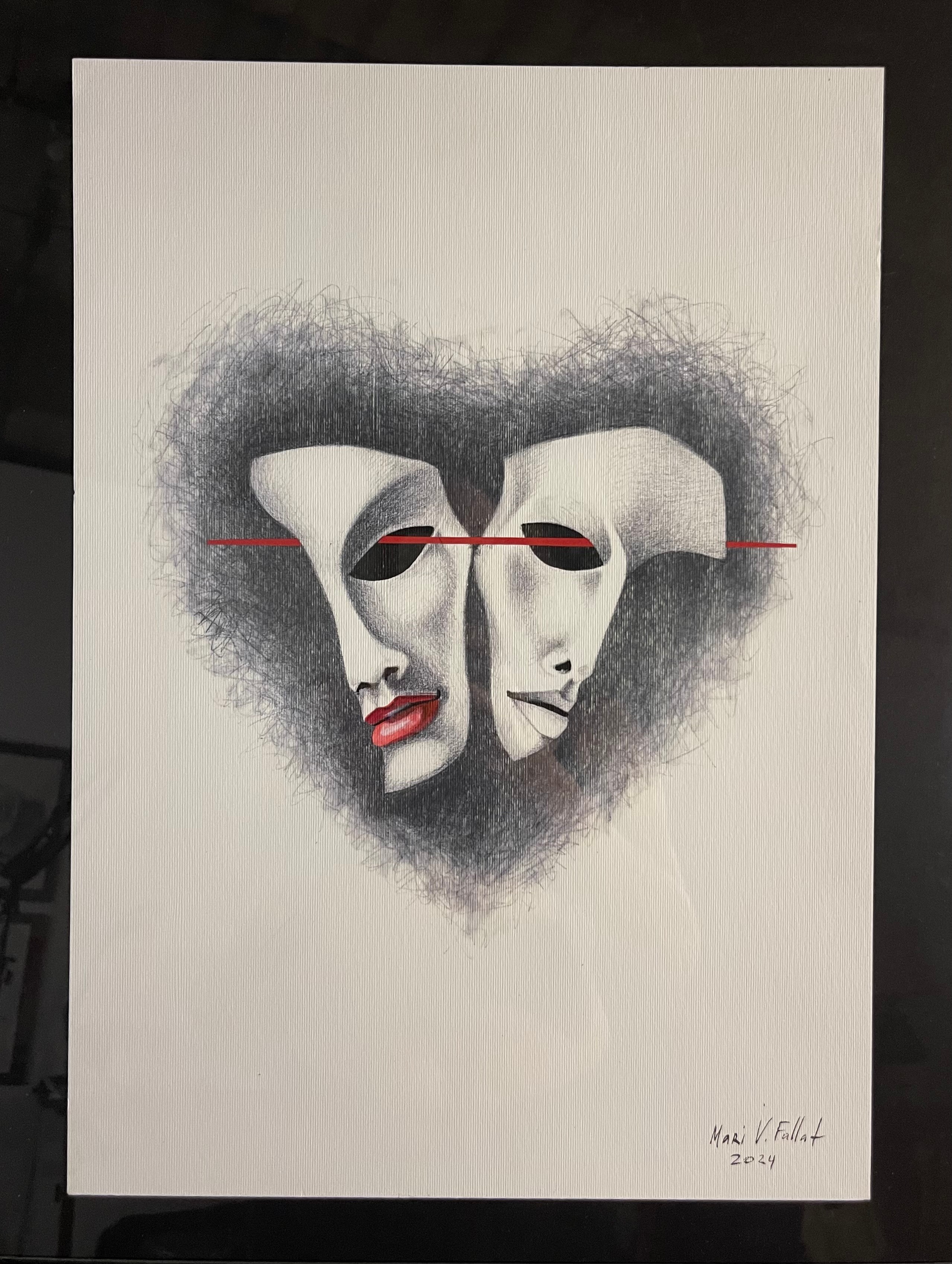 Drawing of two faces with a heart-shaped background, red lips, and a red line across the eyes, signed at the bottom.