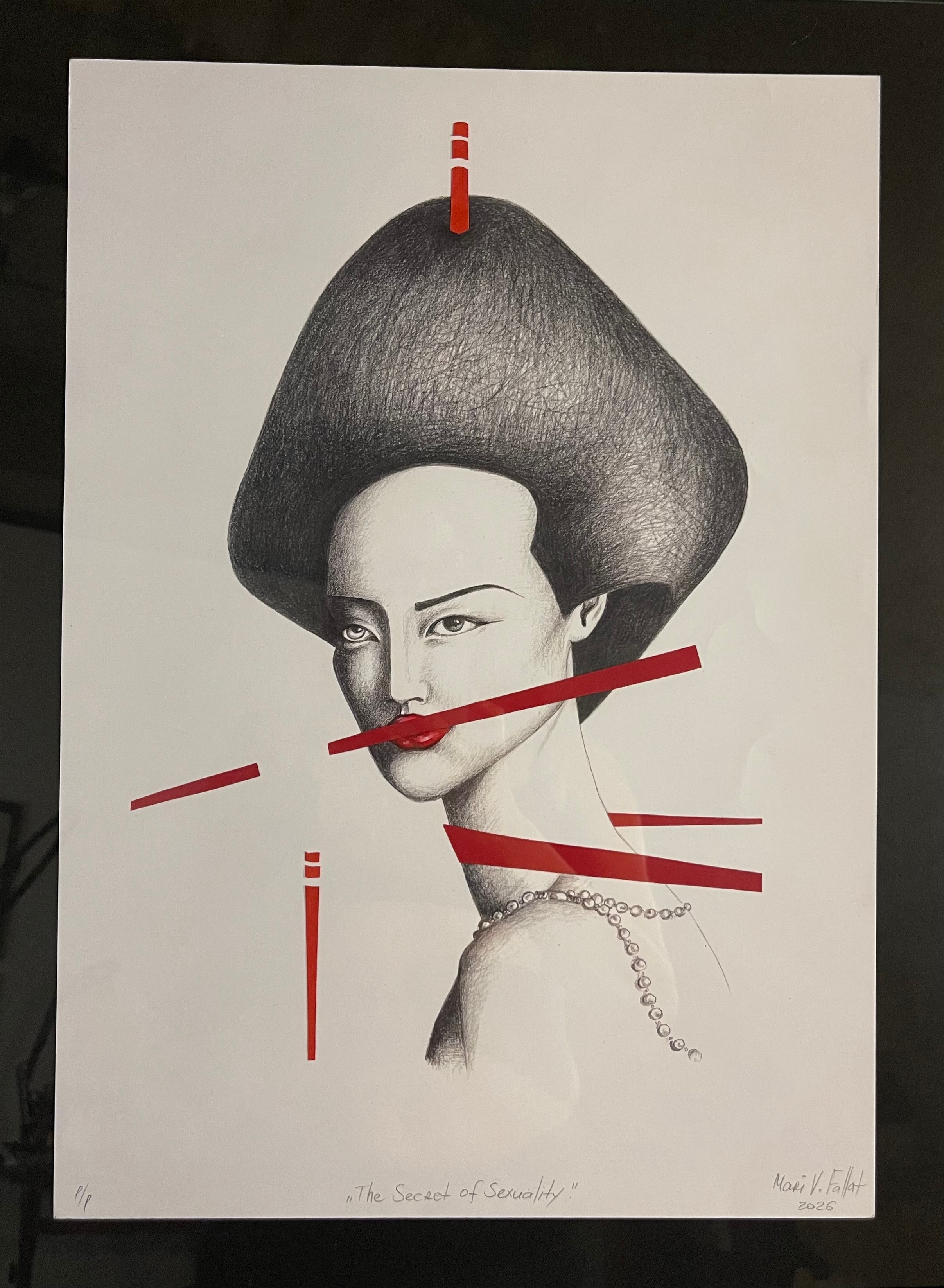 Black and white drawing of a woman with an elaborate hairstyle, wearing a necklace, with red clock hands over her face.