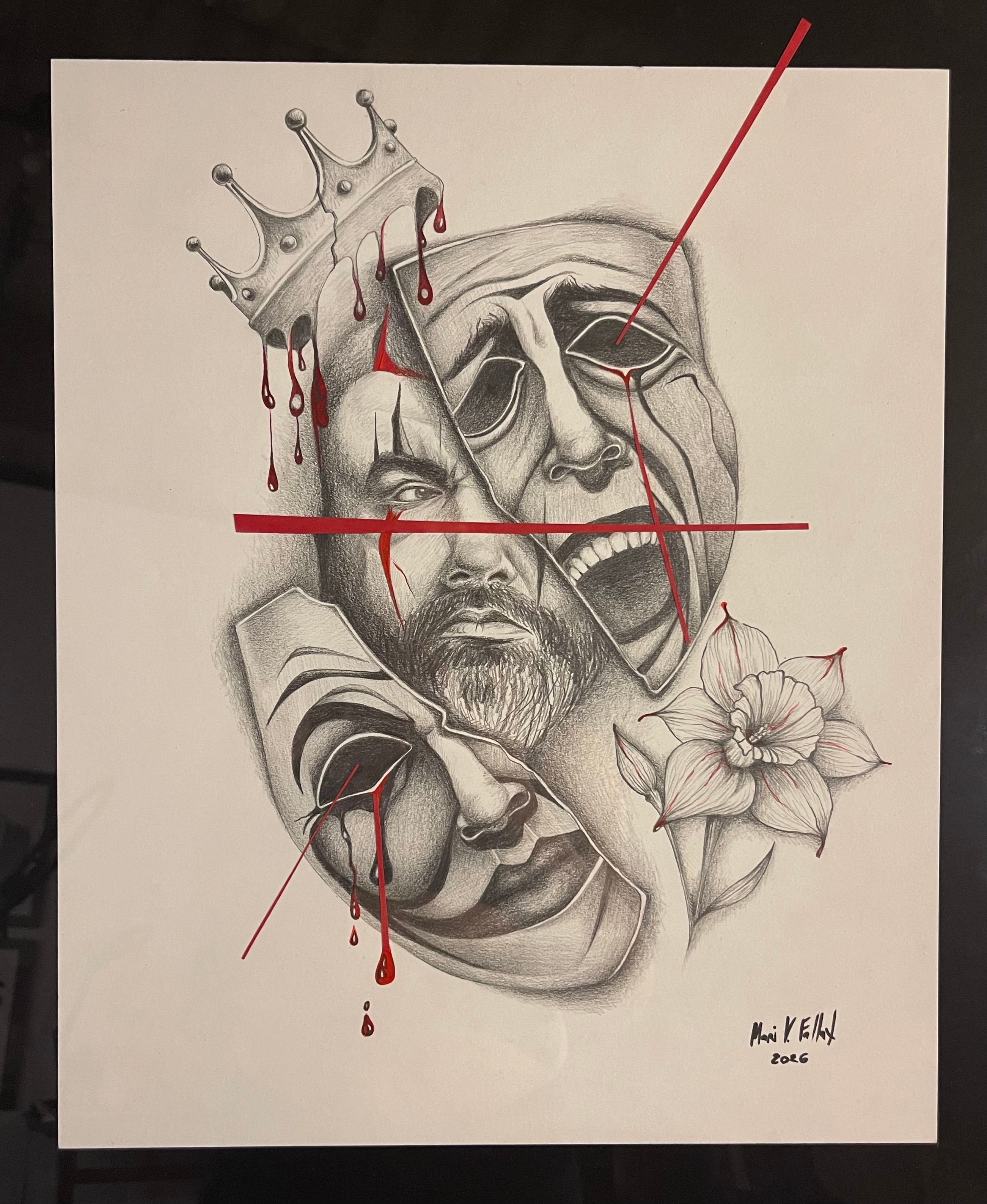 Detailed pencil drawing of a man's face with a crown, flowers, and abstract elements, with red lines and blood drips.
