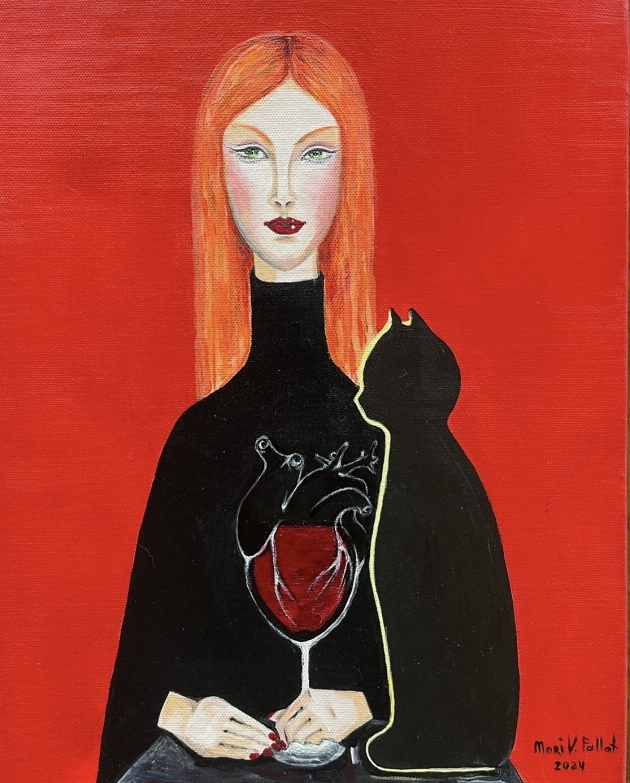 A woman with long red hair and pale skin holds a glass with a heart inside, accompanied by a black cat silhouette, against a red background.