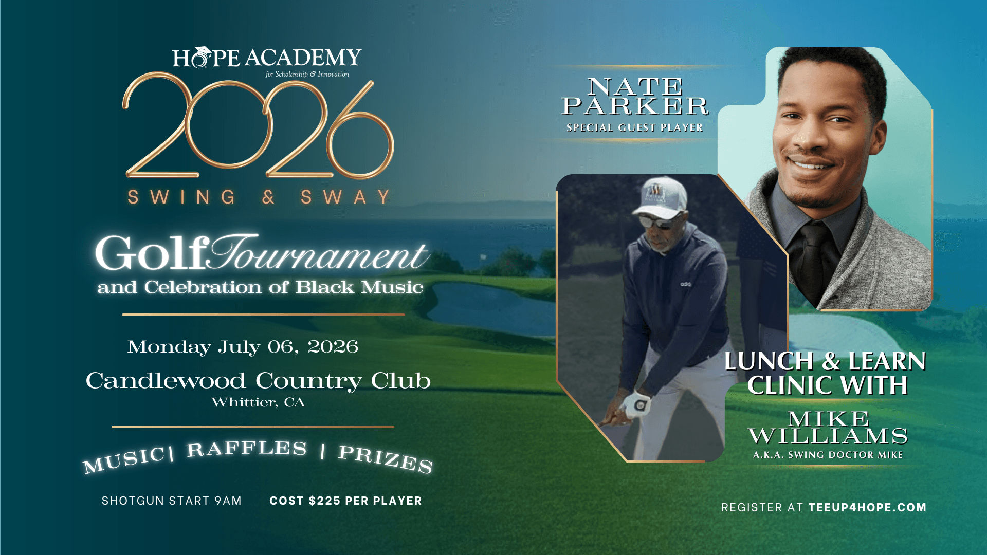Event poster for Hope Academy golf tournament on July 6, 2026, featuring a golfer, a man in a suit, and event details.