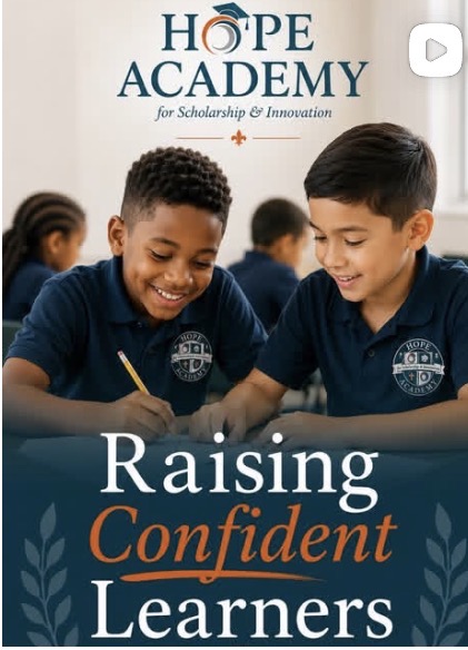 Two students in navy uniforms smiling and working together in a classroom, with a school logo on their shirts.