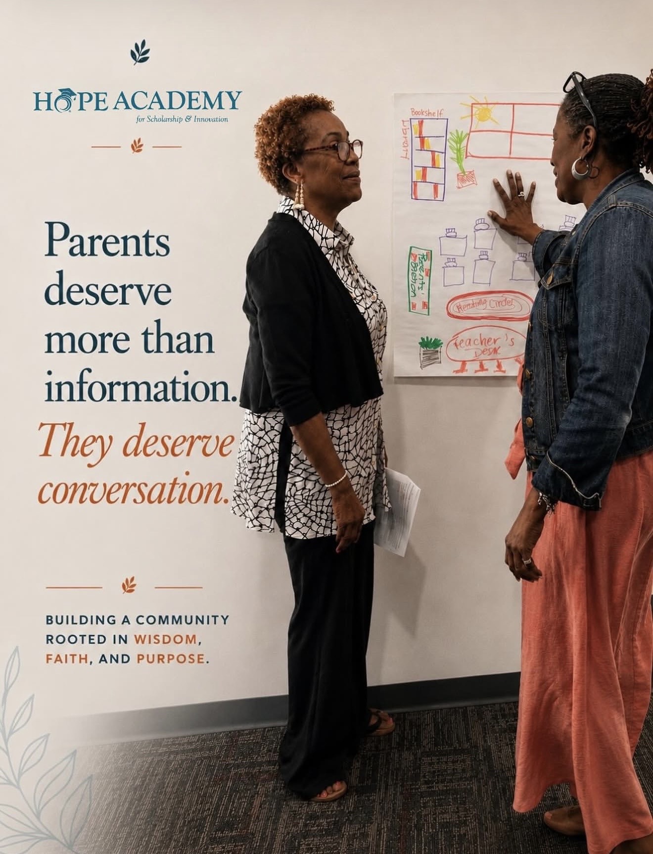 Two women in conversation near a wall with a poster about parent communication and community building.