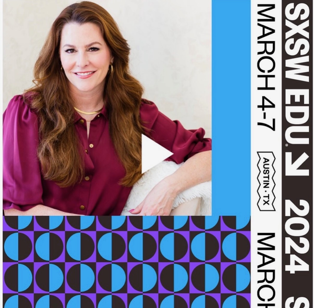 Woman with long brown hair smiling, wearing a maroon blouse, sitting on a white surface, with a patterned background and event text.