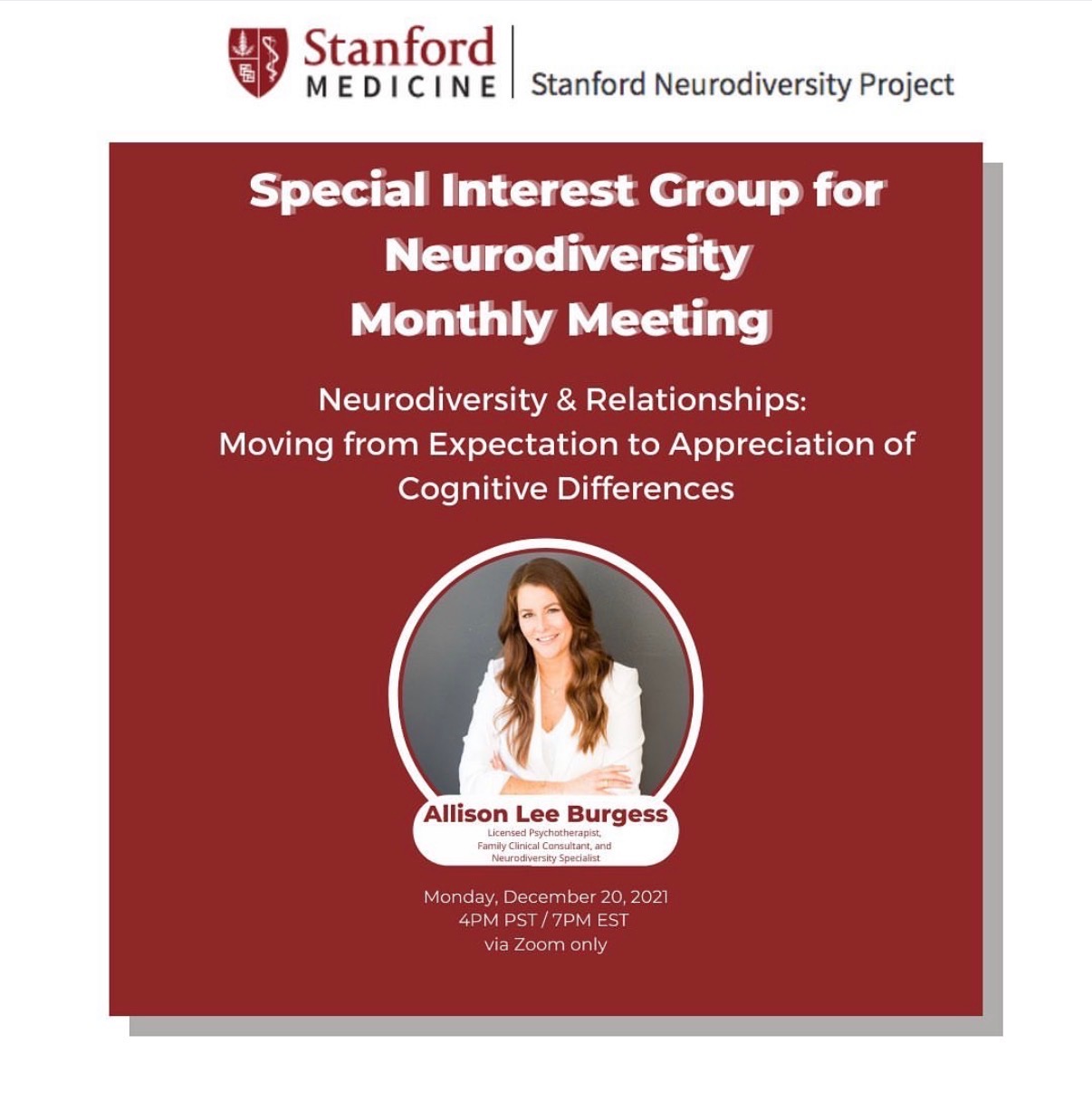 Poster for a neuroscience group meeting featuring a photo of a woman, with text about neurodiversity and relationships, date, and Zoom info.