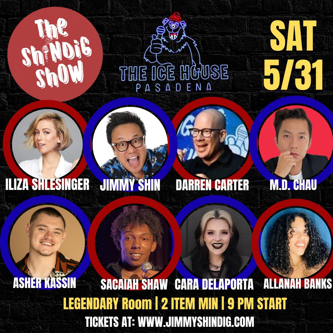 Event poster for The Shindig Show at The Ice House Pasadena, featuring seven performers, date, and start time.