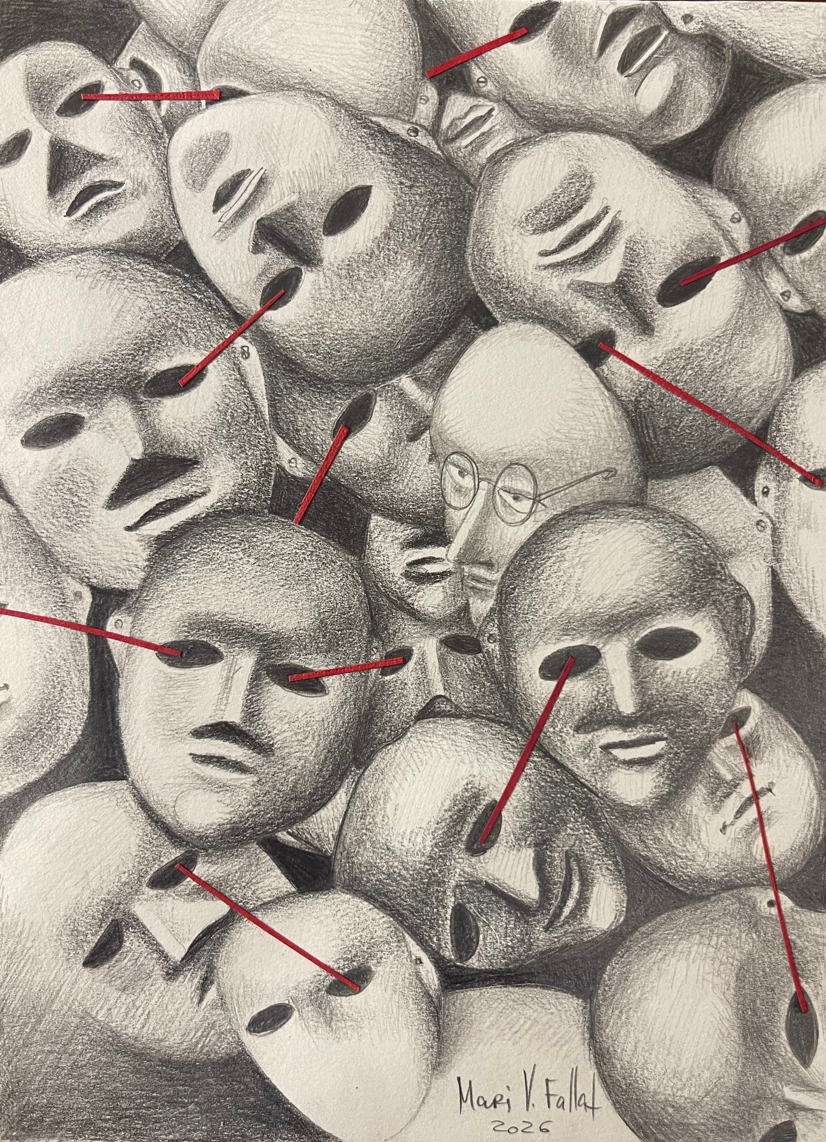 A collection of human masks and faces with various expressions, some with eyes closed or covered, and red strings attached.