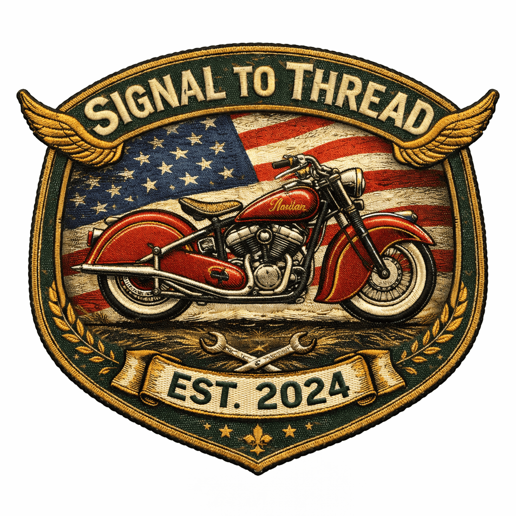 Emblem with a motorcycle, American flag background, and text 'Signal to Thread' and 'Est. 2024'.