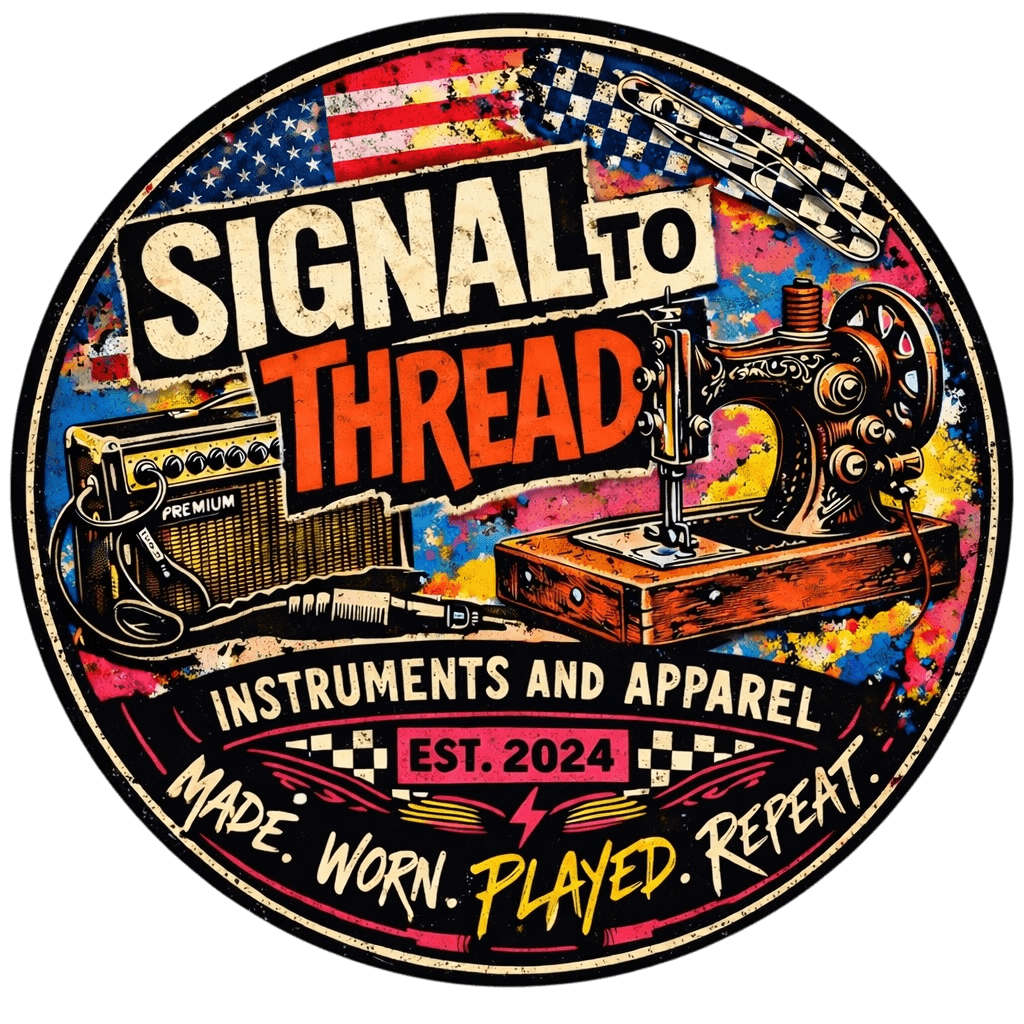 Circular logo with sewing machine, American flag, colorful background, and text about instruments, apparel, and playing. 20 words.
