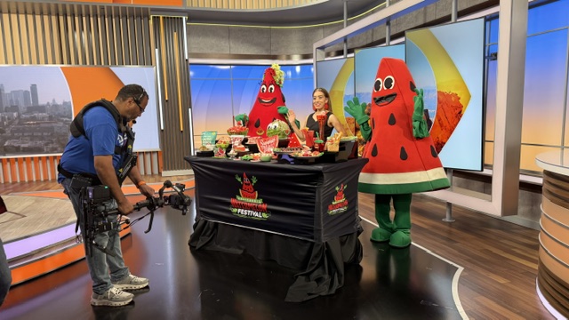 Person filming a festive display with two people in watermelon costumes and a table with decorations in a TV studio.