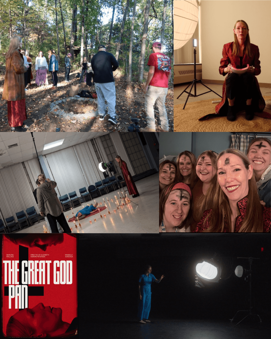 Four images: people outdoors in a forest, woman sitting on floor with a dog, person in a gym, group of smiling women, movie poster for 'The Great God Pan'.