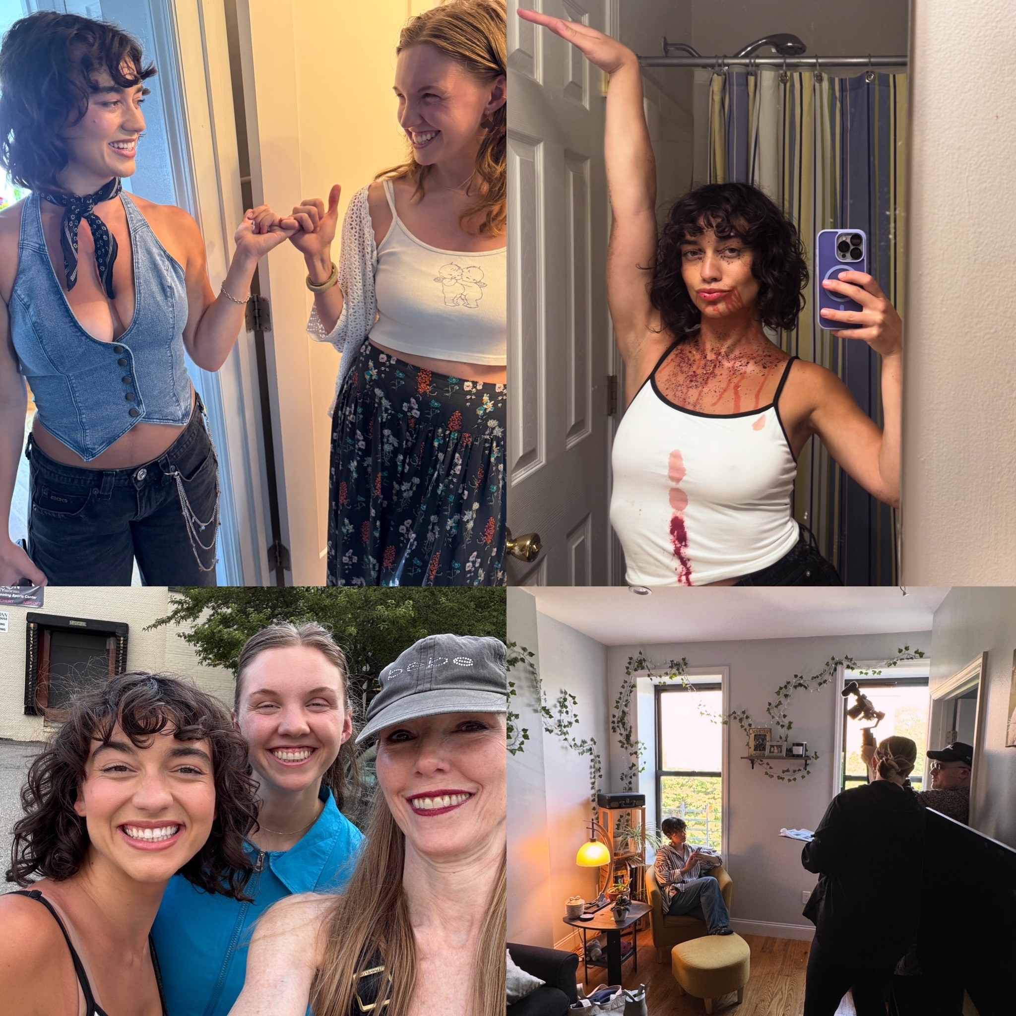 Four women taking selfies and posing indoors, with a living room and bathroom visible in the background.