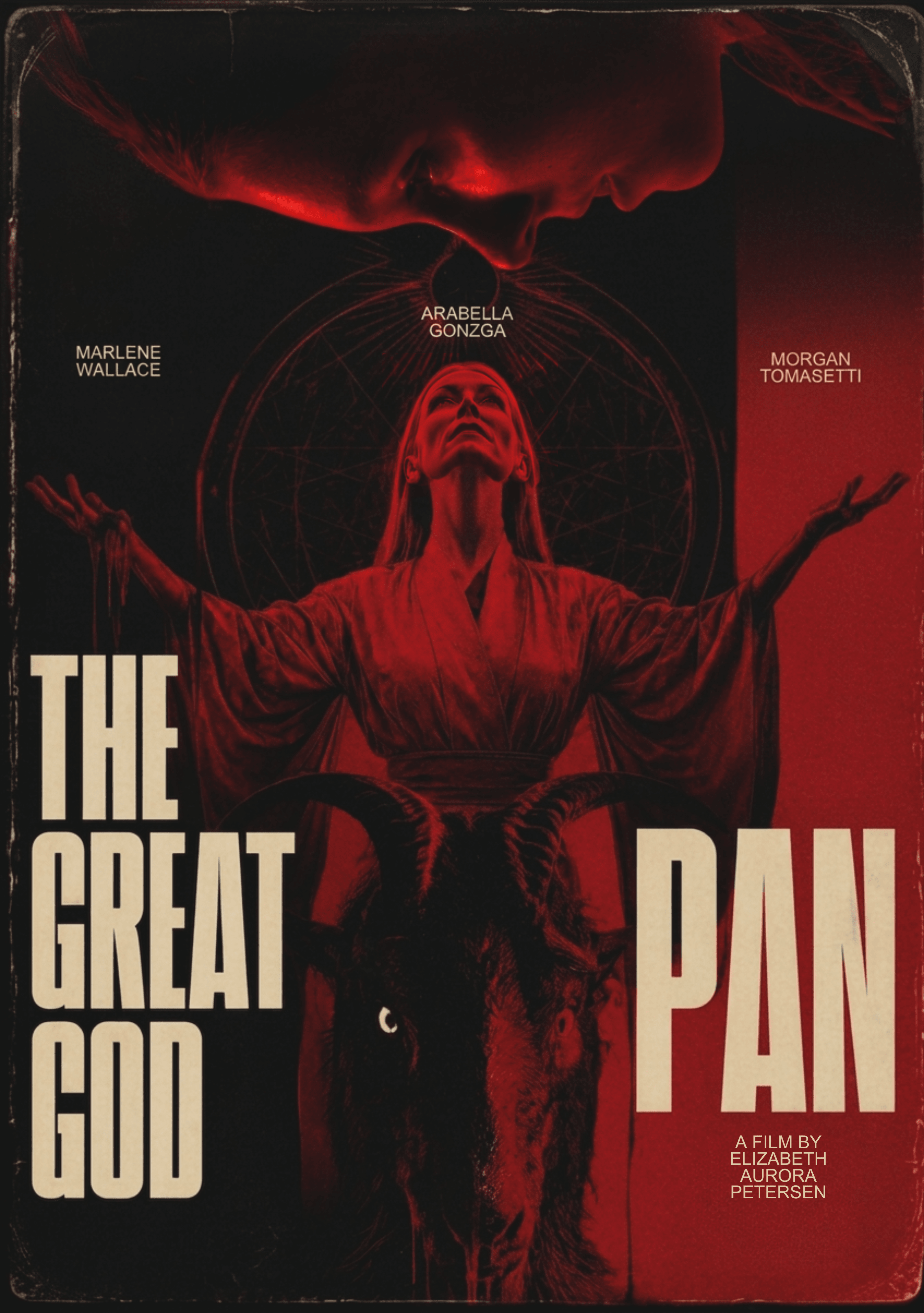 Movie poster with a woman in red robes, arms outstretched, and a bull's head below her. Dark background with red highlights.