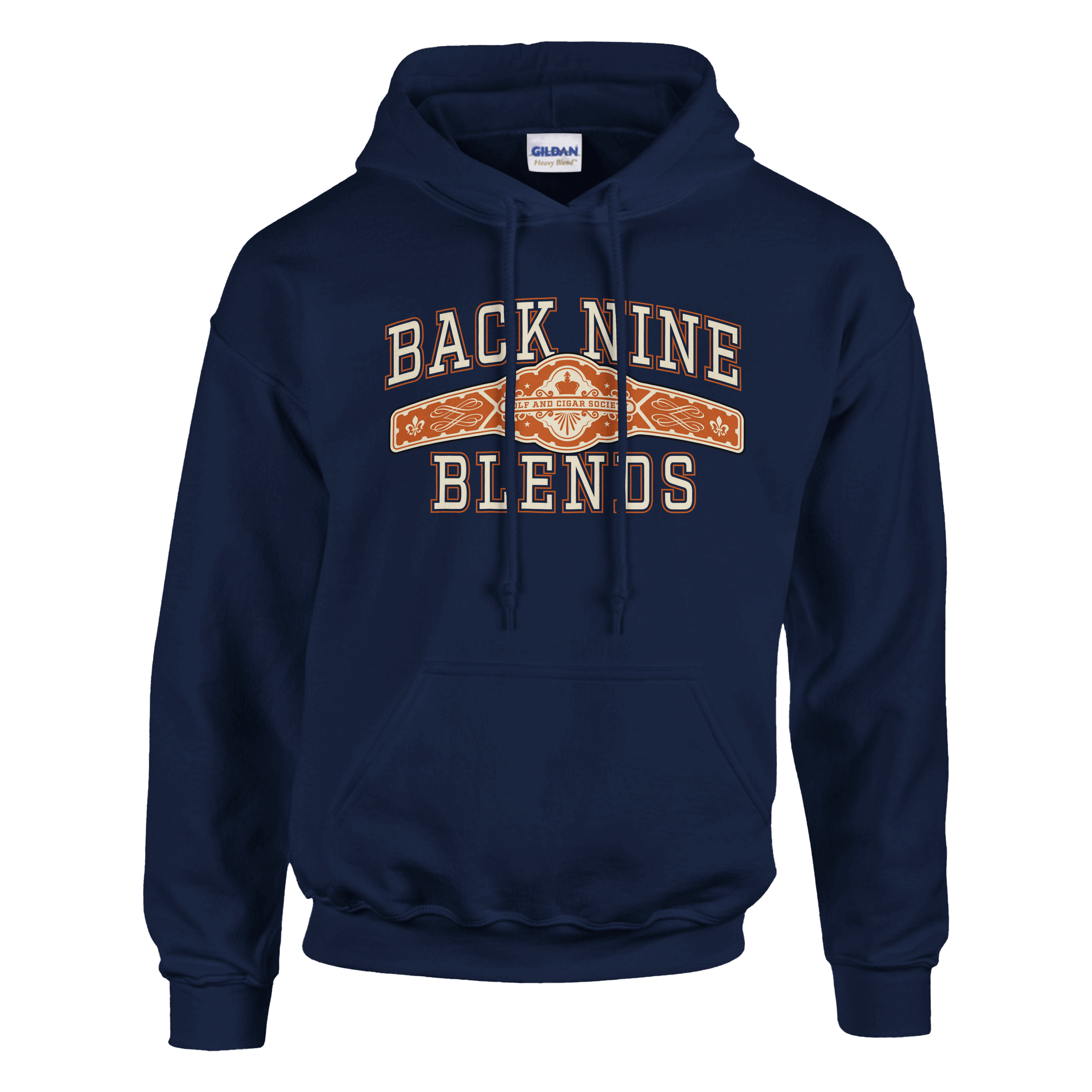 Navy blue hoodie with text 'BACK NINE BLENDS' and decorative design on front, hood with drawstrings, plain black background.