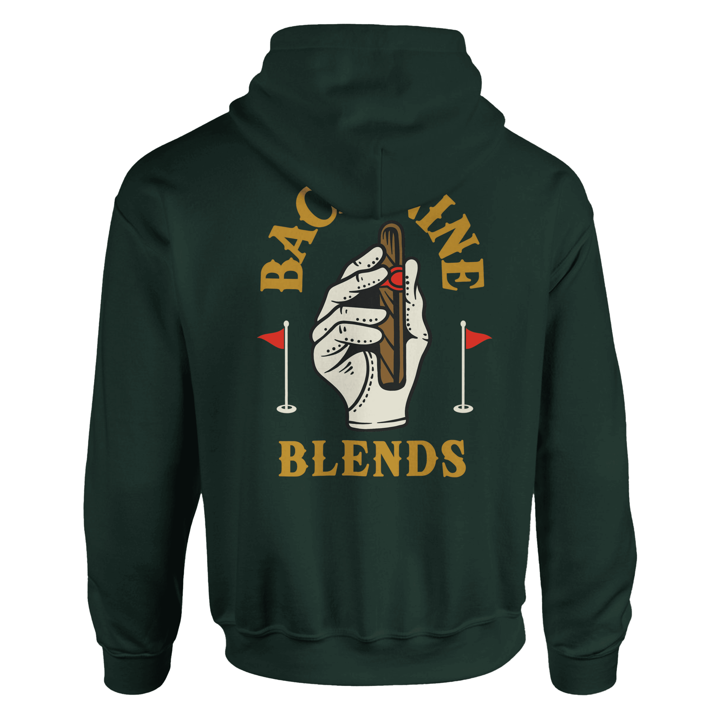 Back of a hoodie with a hand holding a cigar, two small flags, and text reading 'BAC ON BLENDS'.