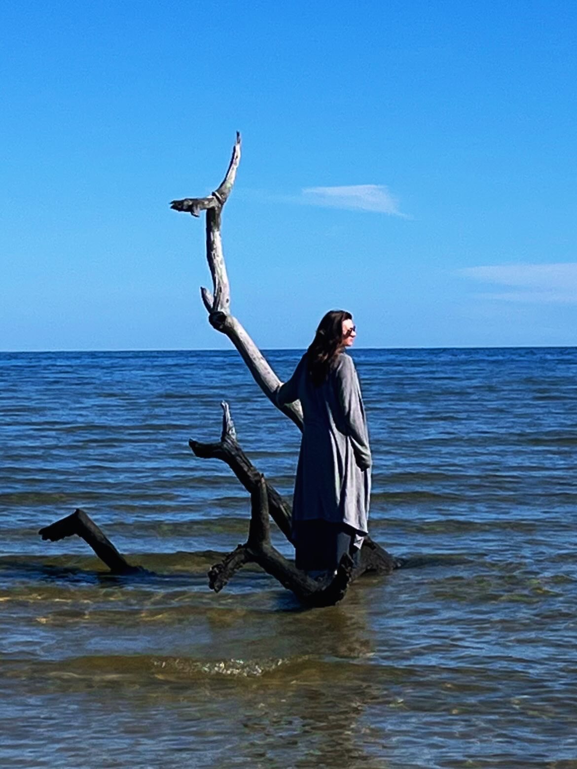 Person standing on a submerged tree branch in water, facing right, with a blue sky and ocean background.
