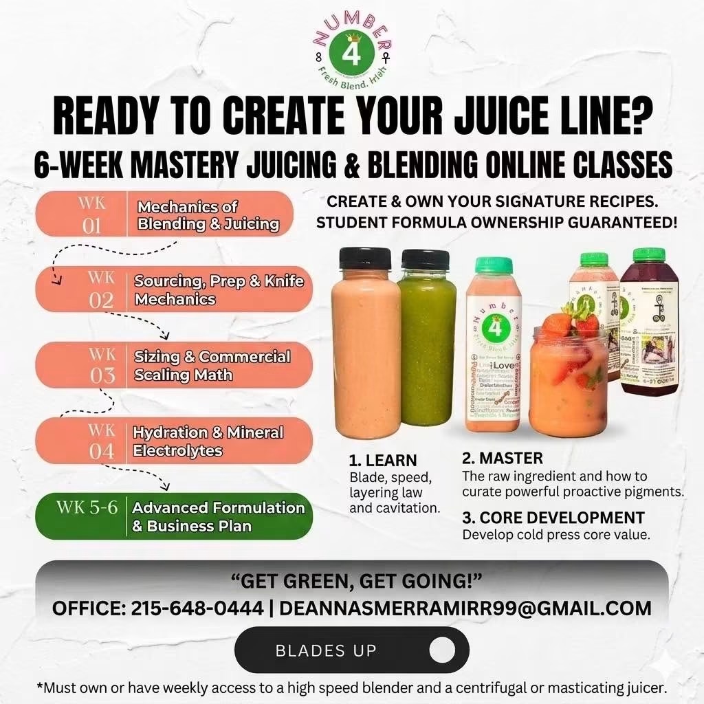 Promotional poster for juice-making classes with images of juice bottles and ingredients, and text about course content and contact info.