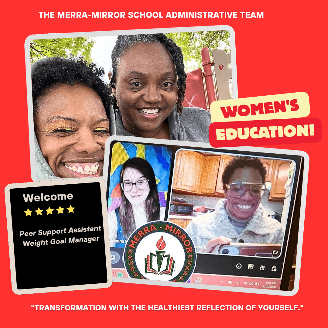 Two women smiling outdoors, two women on video calls on tablets, Merra-Mirror School logo, red background, text about women's education.