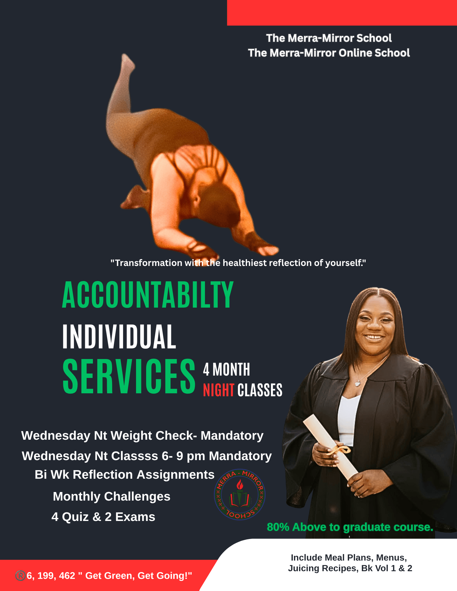 Person performing a forward bend yoga pose on a gray background with text about accountability and services.