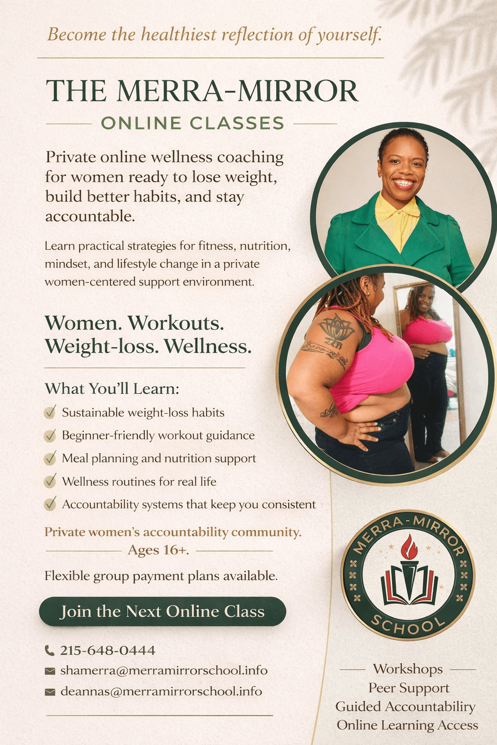 Advertisement for The Merra-Mirror online wellness classes featuring a smiling woman with tattoos, wearing a green blazer, and a woman in pink workout attire. Text highlights wellness topics and registration details.
