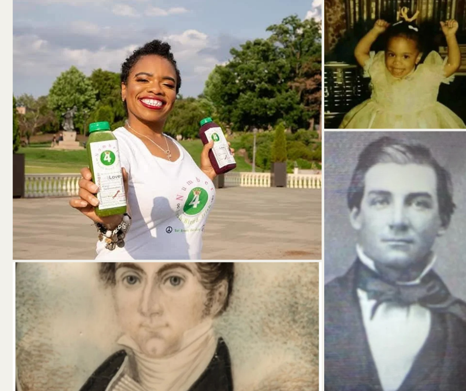 A woman holding two bottles of skincare products outdoors, smiling, with trees and a park in the background. Four smaller images show a girl in a yellow dress, a young man in a tuxedo, and two vintage portraits of women. Alt text word count: 20, confidence: 0.9