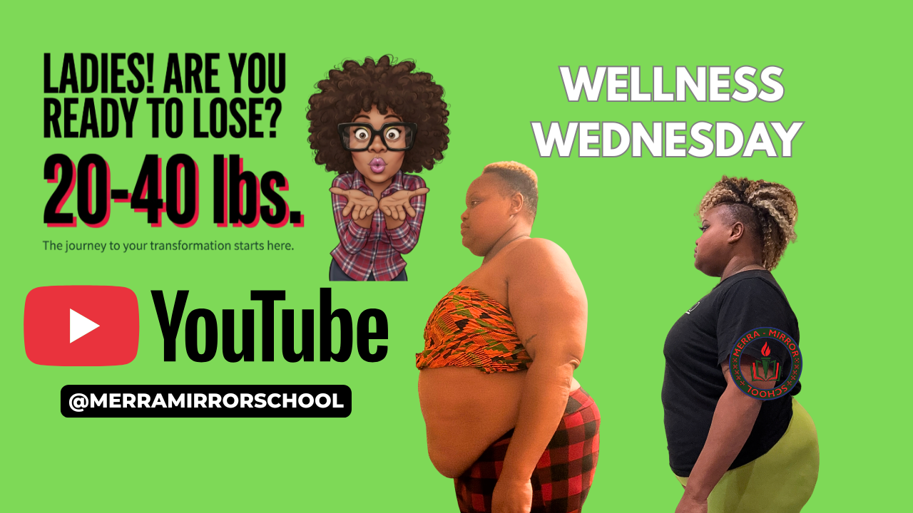 Green background with text about weight loss, wellness Wednesday, YouTube logo, and two women facing sideways.