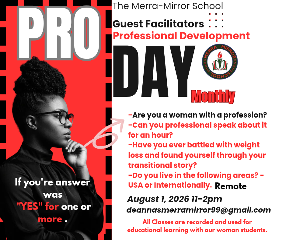 Black woman with glasses and curly hair, looking to the side, in front of a red and black background, with event details.
