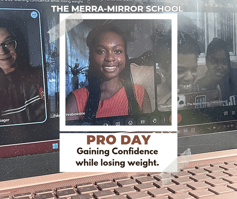 A smiling young woman with a backpack, displayed on a computer screen, promoting confidence during weight loss at school event.