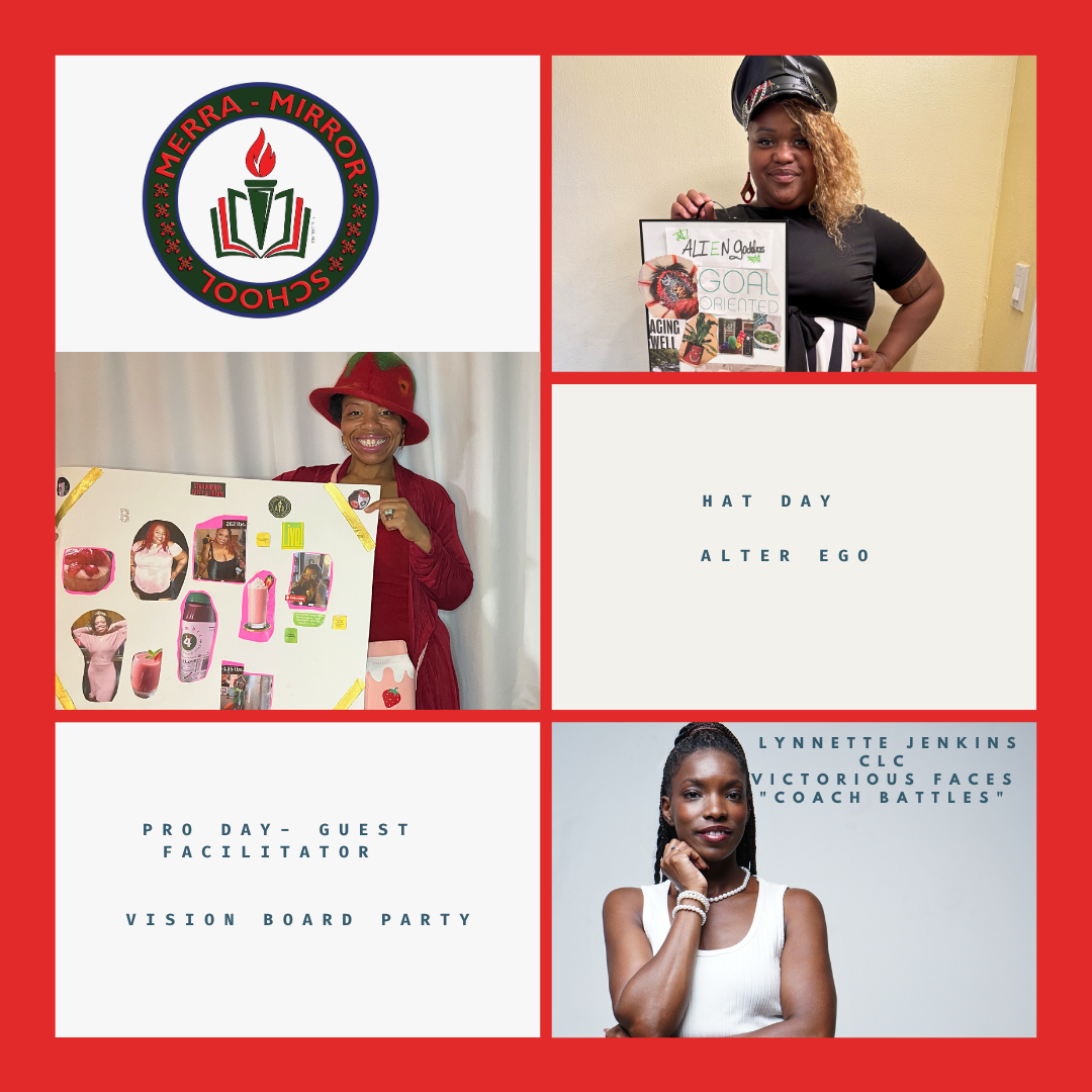 Four-panel collage with logos, women presenting projects, and text about Hat Day, Pro Day, and Vision Board Party.