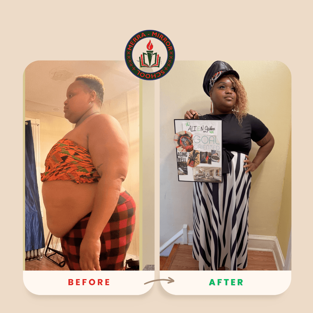 Side view of a woman before and after weight loss, holding a sign in the after photo, standing indoors. Word count: 20