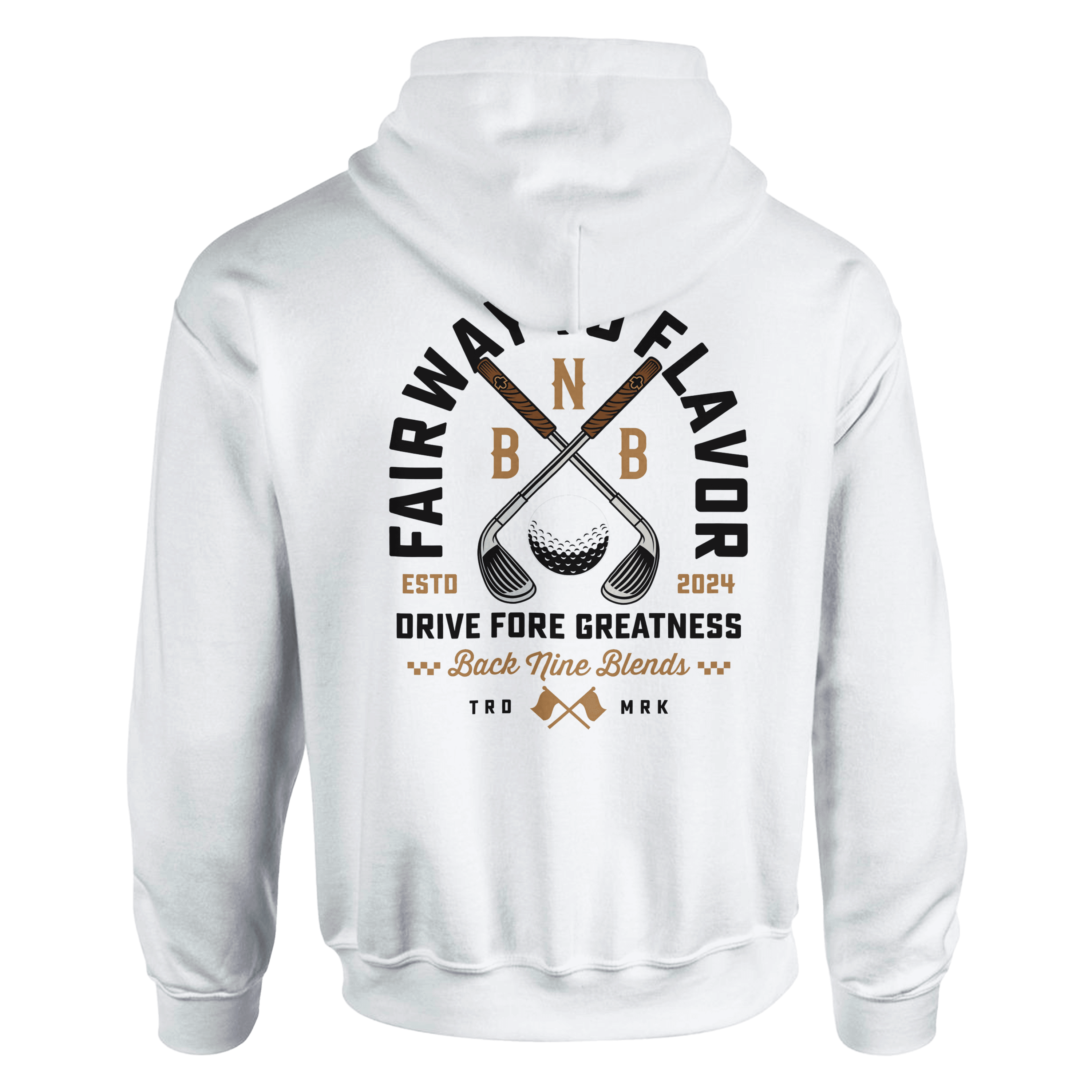 White hoodie with a logo featuring crossed golf clubs, text, and decorative elements, on a black background.