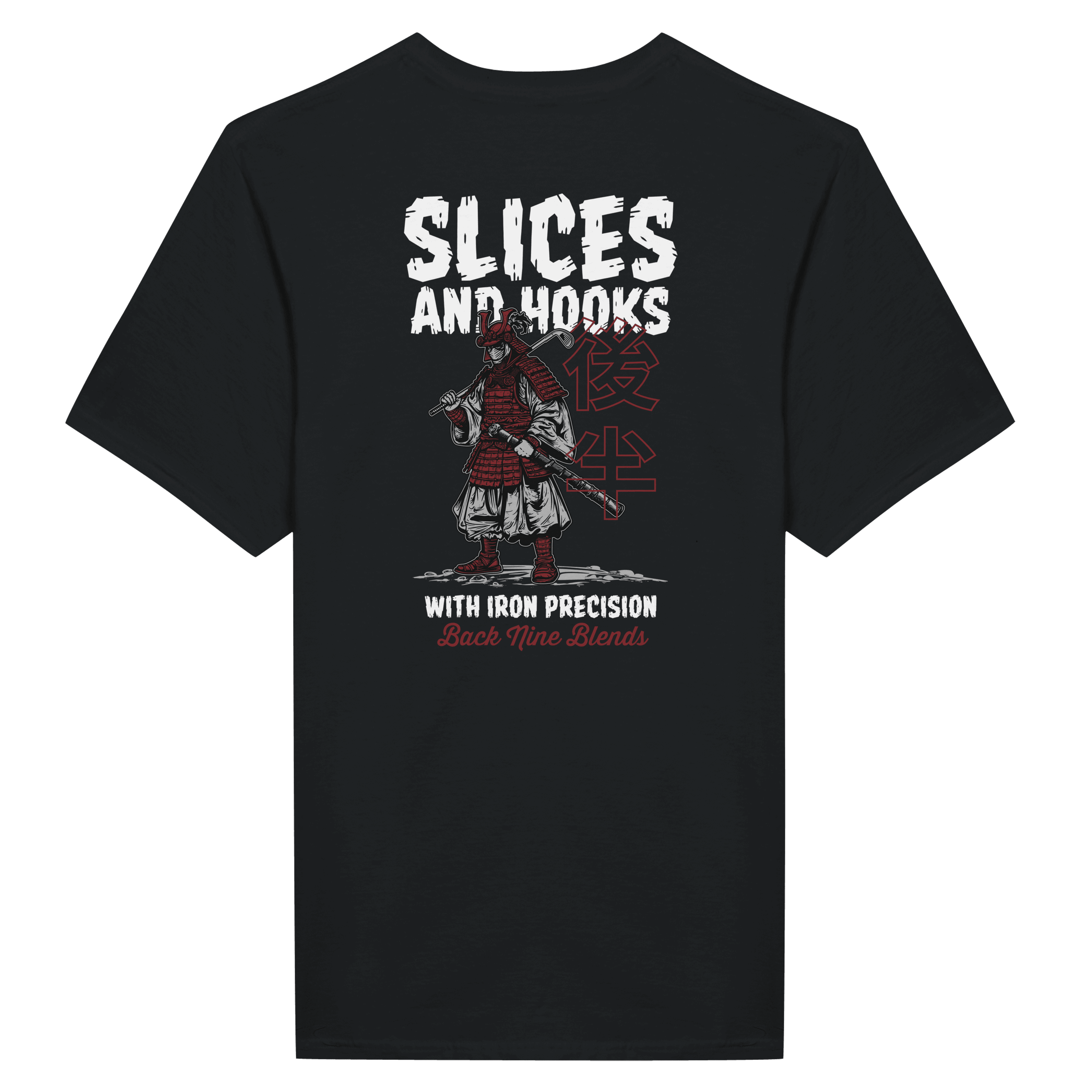 Black T-shirt with white text and a graphic of a person holding a sword, with additional text below.