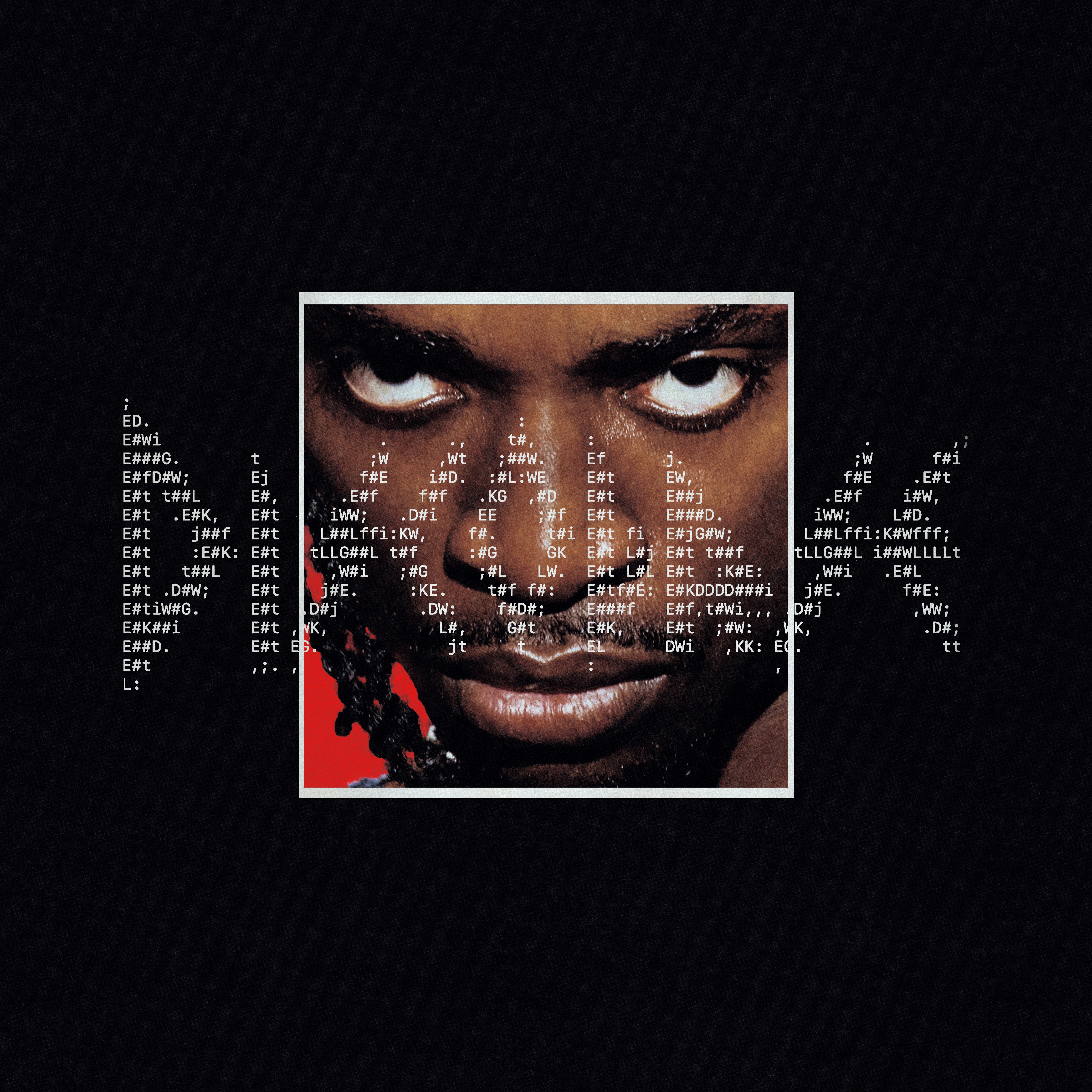 Close-up of a person's face with intense eyes, surrounded by digital code and a red background, in a square frame.
